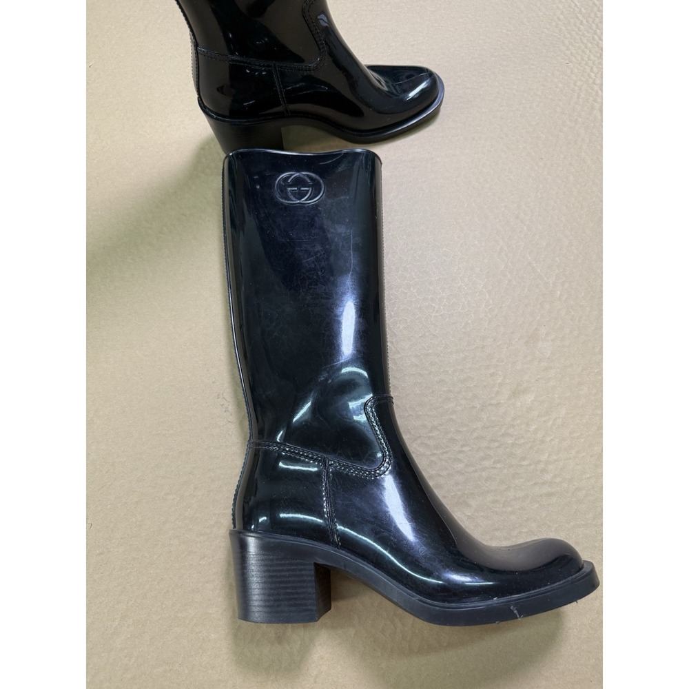 GUCCI Rain Boots High Black Interlocking GG Logo Plain Ladies' Size 38 US Size 8 - Picture 1 of 6